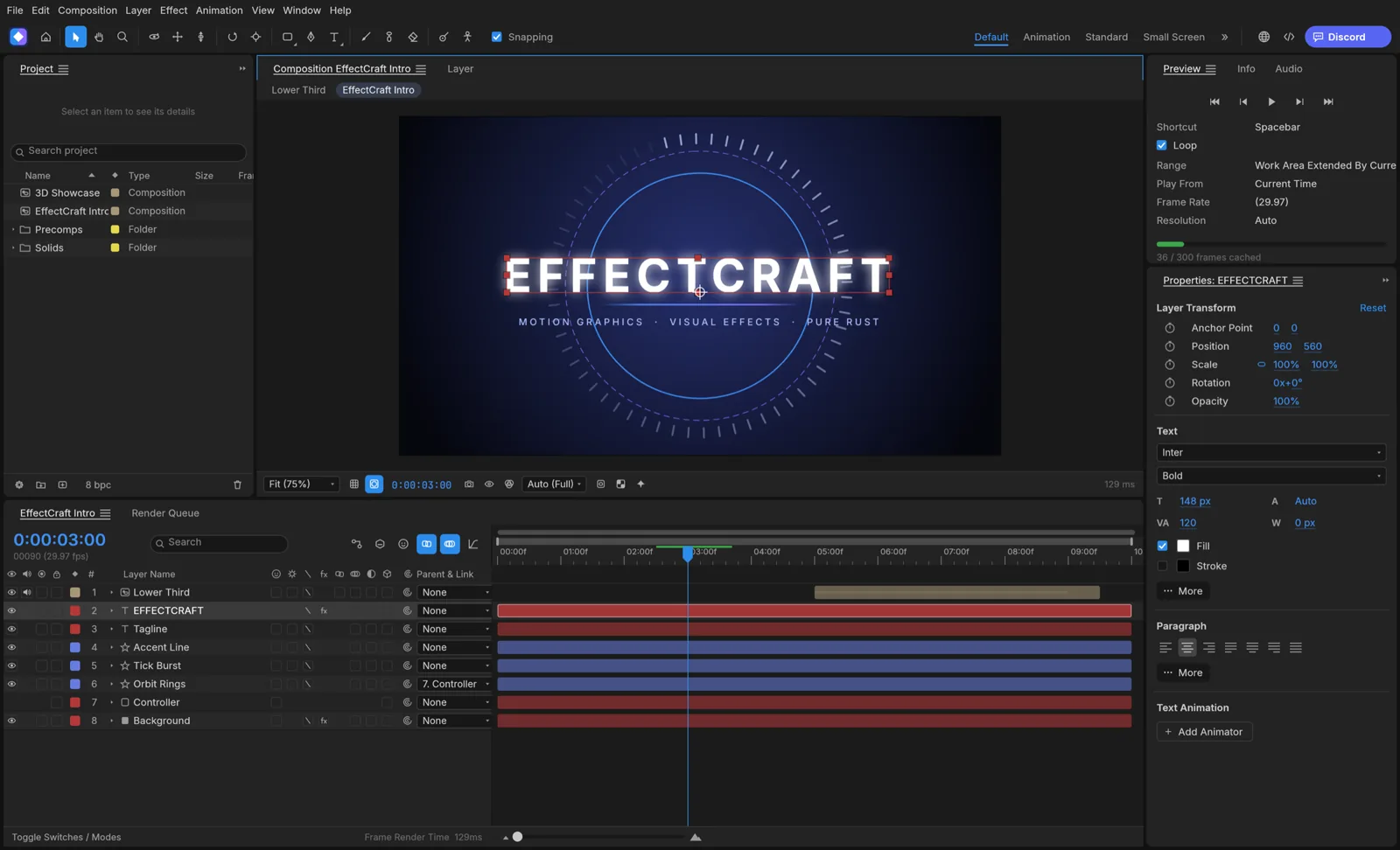 EffectCraft: Komposition mit mehrschichtiger Zeitleiste.