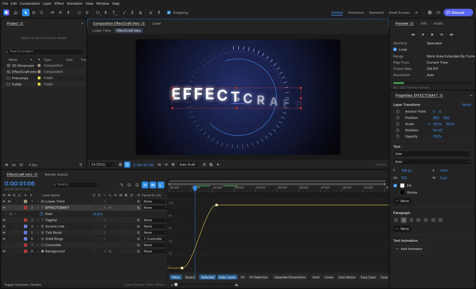 EffectCraftの文字アニメーション用カーブエディター。