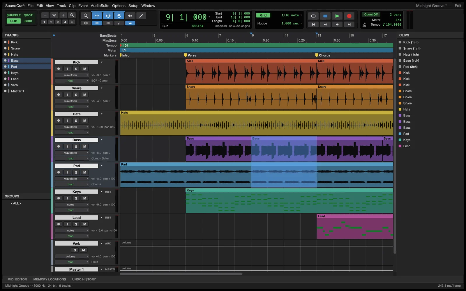 SoundCraft: Audiowellenformen und Spurwerkzeuge.