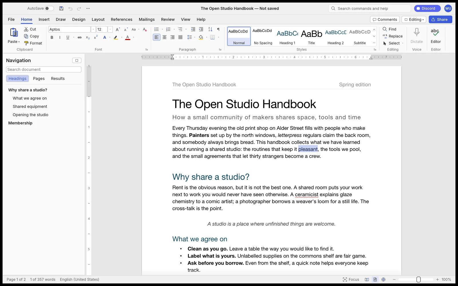 WordCraft: Formatiertes Dokument mit Stilwerkzeugen.